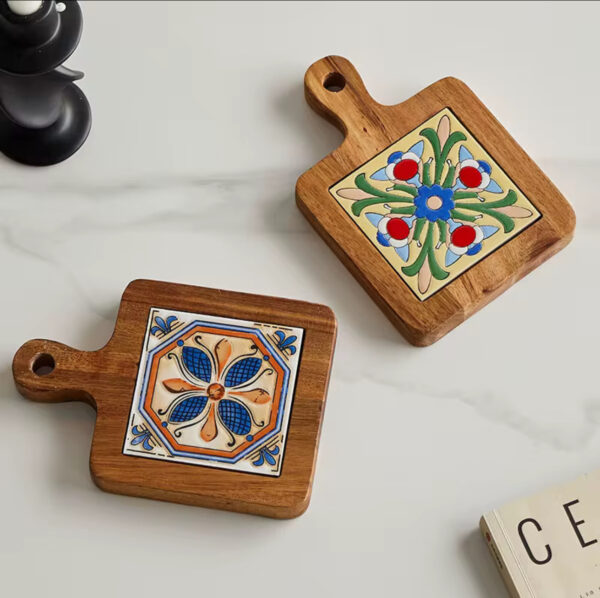 Ceramic Tile Wooden Cheese Board Rustic Mediterranean Style